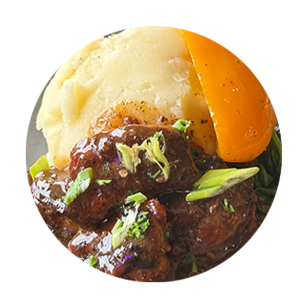 Brown Stew Chicken with Garlic Mashed Potatoes and Vegetables