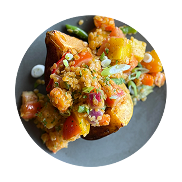 Stuffed Acorn Squash with Blistered Tomatoes Lentil Beets and Vegetables