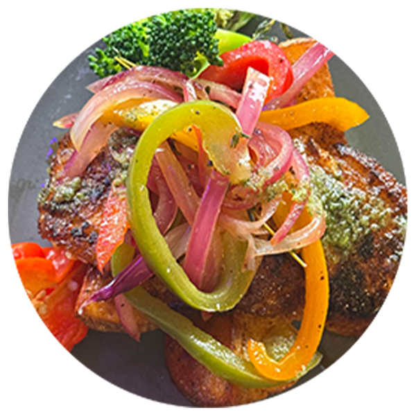 Escovitch Haddock with Roast Potatoes and Vegetables