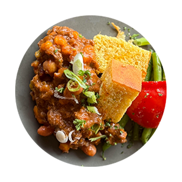 Turkey Chili with Jalapeno's and Cheddar Cornbread and Vegetables
