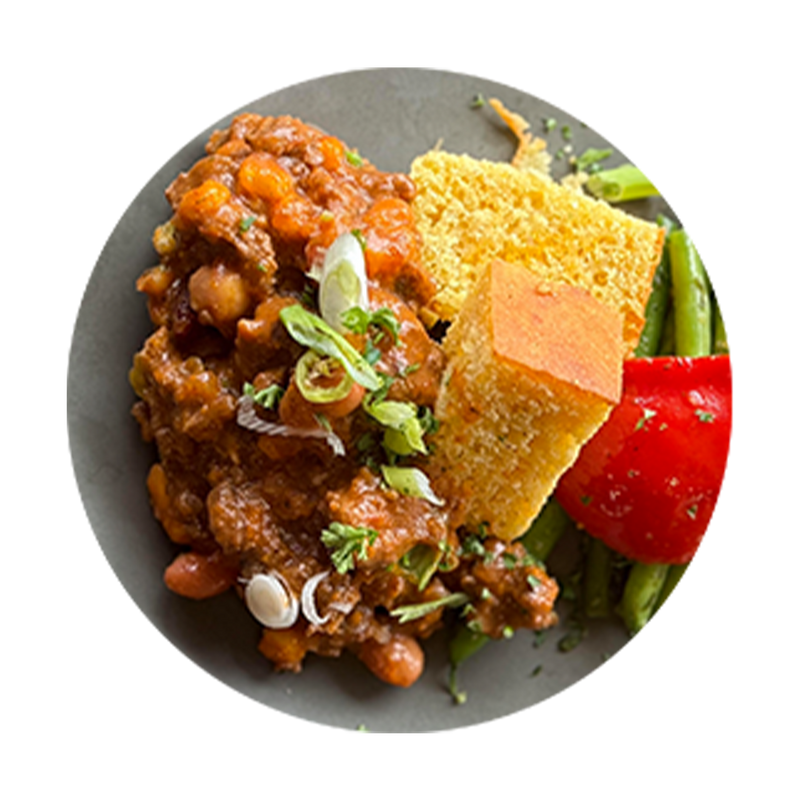 Turkey Chili with Jalapeno's and Cheddar Cornbread and Vegetables
